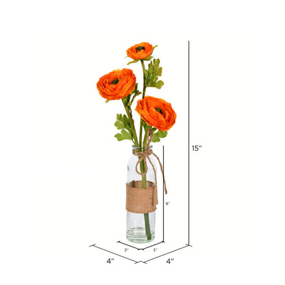 Vickerman 15" Artificial Orange Camellia in Glass Pack of 2