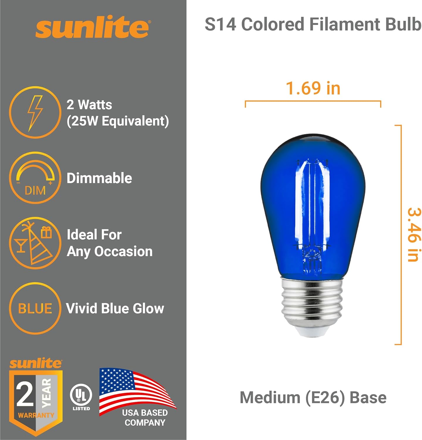 Sunlite 40972 LED Filament S14 Sign 2-Watt Transparent Dimmable Light Bulb Blue 6 Pack