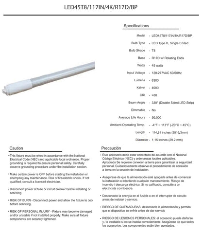 Damar- 9Ft T8 LED Tube Light Bulb Type B Ballast Bypass Single End 45W 6300 Lumens 4000K Cool White R17D Base with Rotating Ends 120-277VAC Pack of 10- Fluorescent Replacement for Garage Workshop