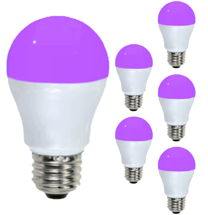 Damar A15 LED Purple Light Bulb 5W 140 Lumen E26 Medium Screw Base for Party Decoration Holiday Lighting Small Light Bulb 120V 200° Beam Angle White Finish Turns Purple When Lit Pack of 6