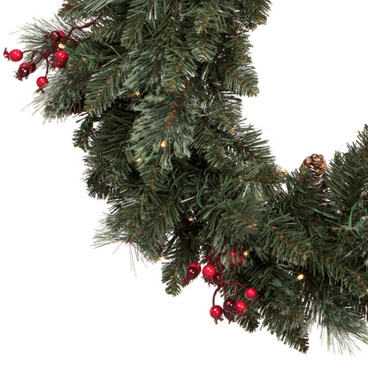 Vickerman Artificial 4 Piece Decorated Front Door Set with 200 Battery Operated Warm White 3MM LED lights. Includes two 3.5' Potted Trees one 30" Wreath and one 9' Garland.  This incredible set features battery operated Warm White LED lights pine cone and