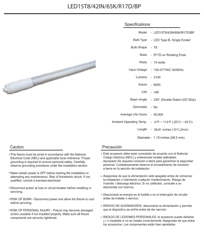 Damar- 3.5Ft T8 LED Tube Light Bulb Type B Ballast Bypass Single End 15W 2100 Lumens 6500K Daylight R17D Base with Rotating Ends 120-277VAC Pack of 10- Fluorescent Replacement for Garage Workshop