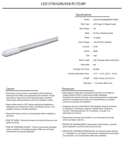 Damar- 3.5Ft T8 LED Tube Light Bulb Type B Ballast Bypass Single End 15W 2100 Lumens 6500K Daylight R17D Base with Rotating Ends 120-277VAC Pack of 10- Fluorescent Replacement for Garage Workshop