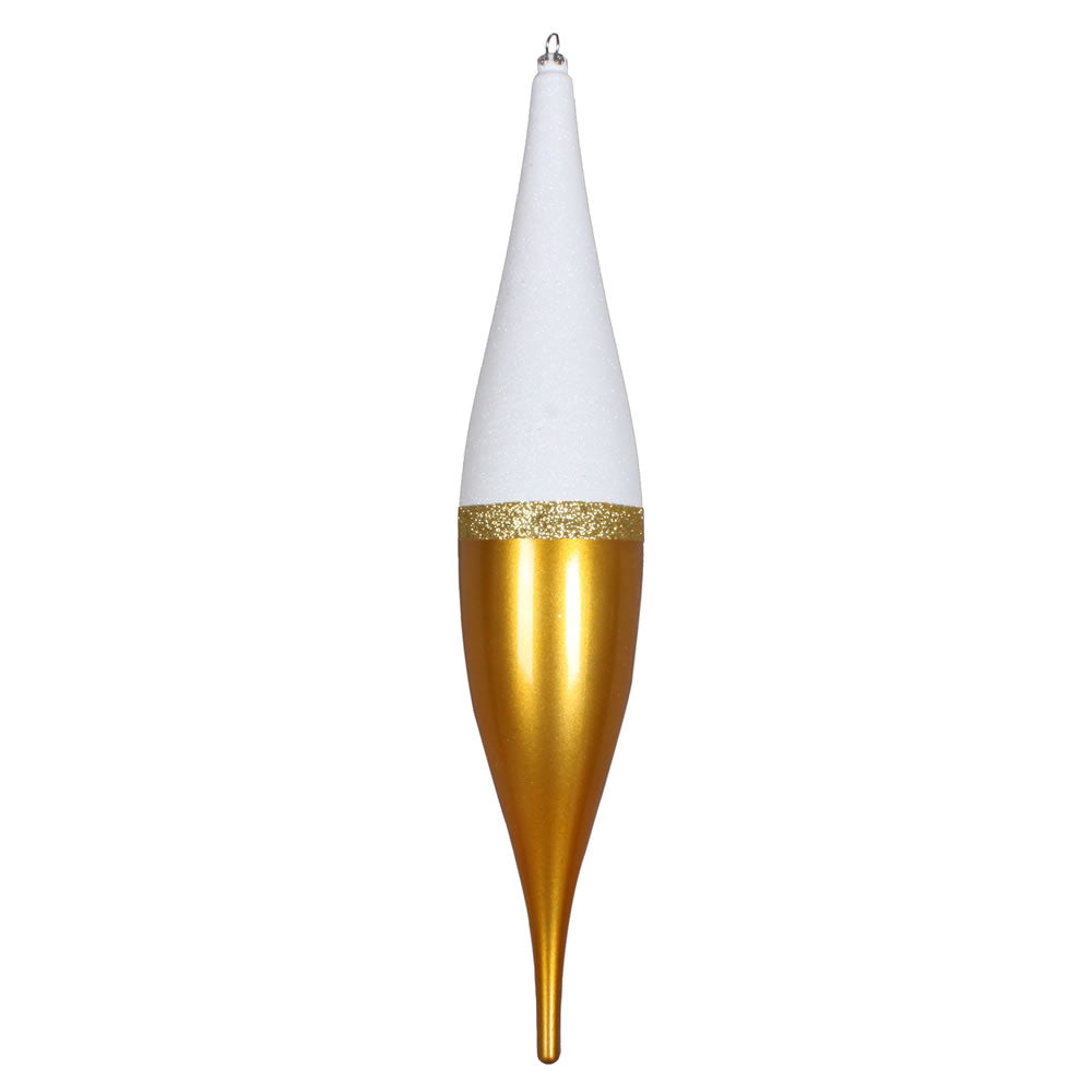 Vickerman 13" Gold Candy/White Glitter Finial 3/Bg. This ornament features a white glitter top a stripe of gold glitter and a candy finish bottom. Includes 3 pieces per bag. Made of shatterproof plastic.