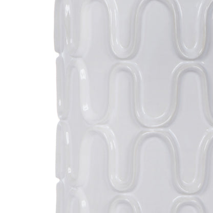 Vickerman 12" White Ceramic Container with Lid. This versatile container can pair with faux floral stems or stand as a simple decorative piece with the lid. It measures 12" H x 6.5" W.   100% CERAMIC