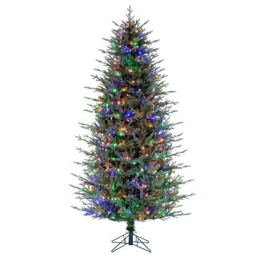 Vickerman 5.5' x 42" Slim Itasca Fraser Fir Artificial Pre-Lit Christmas Tree with 350 Multi-Colored LED Mini Lights, 958 Realistic PE/PVC Tips, 6' Step On/Off Power Cord and Folding Metal Tree Stand. Assembly is required.