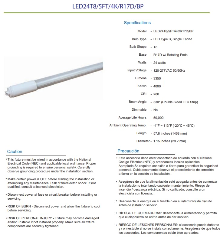 Damar- 5Ft T8 LED Tube Light Bulb Type B Ballast Bypass Single End 24W 3350 Lumens 4000K Cool White R17D Base with Rotating Ends 120-277VAC Pack of 10- Fluorescent Replacement for Garage Workshop
