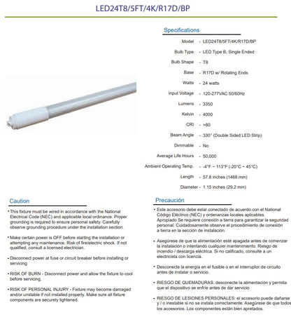 Damar- 5Ft T8 LED Tube Light Bulb Type B Ballast Bypass Single End 24W 3350 Lumens 4000K Cool White R17D Base with Rotating Ends 120-277VAC Pack of 10- Fluorescent Replacement for Garage Workshop