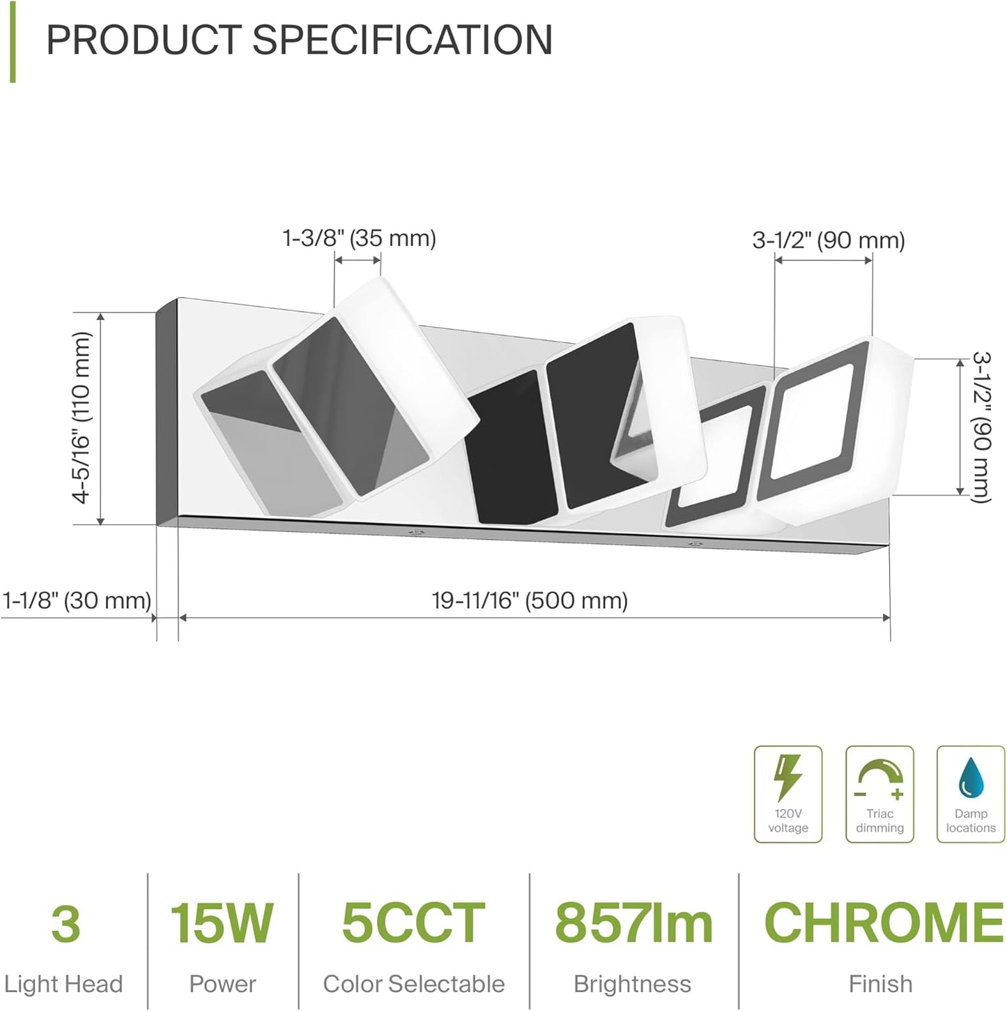 ASD Lighting LED Vanity 3-light 15W 120V with rotatable heads CCT Selectable 2700/3000/4000/5000/6000K Dimmable Chrome ETL