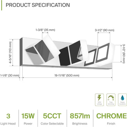 ASD Lighting LED Vanity 3-light 15W 120V with rotatable heads CCT Selectable 2700/3000/4000/5000/6000K Dimmable Chrome ETL