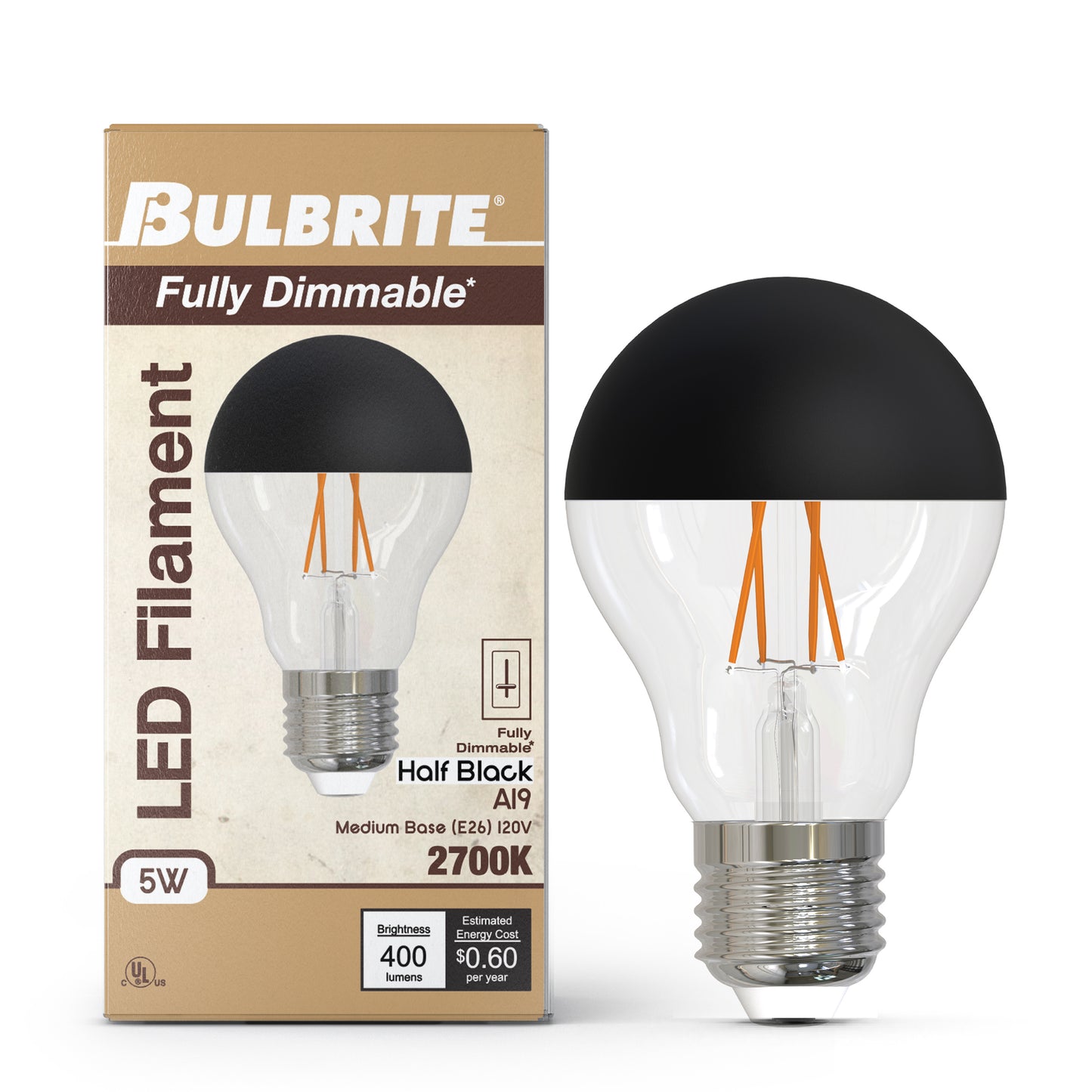 Bulbrite 776833 5W LED A19 2700K FILAMENT HALF BLACK FULLY COMPATIBLE DIMMING