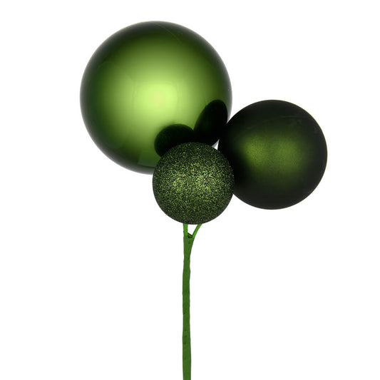 Vickerman 18" Moss Green Orn Pick 3 per Bag. Features shiny matte and glitter ornaments.