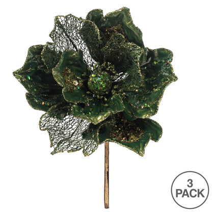 Vickerman 14" Green Pearl Glitter Magnolia Artificial Christmas Stem 3 per Bag