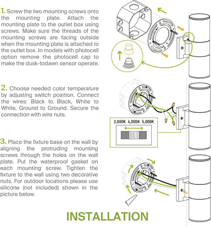 ASD Lighting LED Round Outdoor Wall Cylinder 9W 120V CCT Selectable 3000/4000/5000K with Photocell Black ETL 2pack