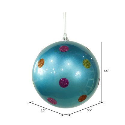 Vickerman 5.5" Turquoise Candy Finish Ball Christmas Ornament with Multi-Colored Polka Dots