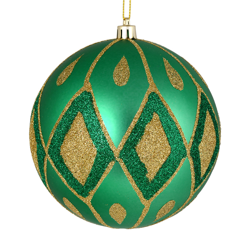 Vickerman 4" Seafoam Green Matte Ball with Glitter Diamond Pattern. Add variety and sparkle to your holiday arrangement with this matte ornament that features a glitter pattern. Includes 4 pieces per bag. Made with shatterproof plastic. Ornament has a dri