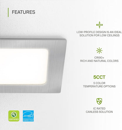 ASD Lighting LED Recessed Mini Panel Square 4inch 12W 120V Triac 2700/3000/3500/4000/5000K Nickel UL Energy Star 6 pack