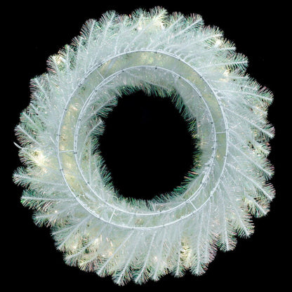 Vickerman 30" White Iridescent Artificial Pre-Lit Wreath with 70 Pure White LED 5MM Lights. It measures 30 inches wide. The diameter is measured from the end of one tip across to the other with the wreath tips extended outward. This wreath boasts 180 PVC