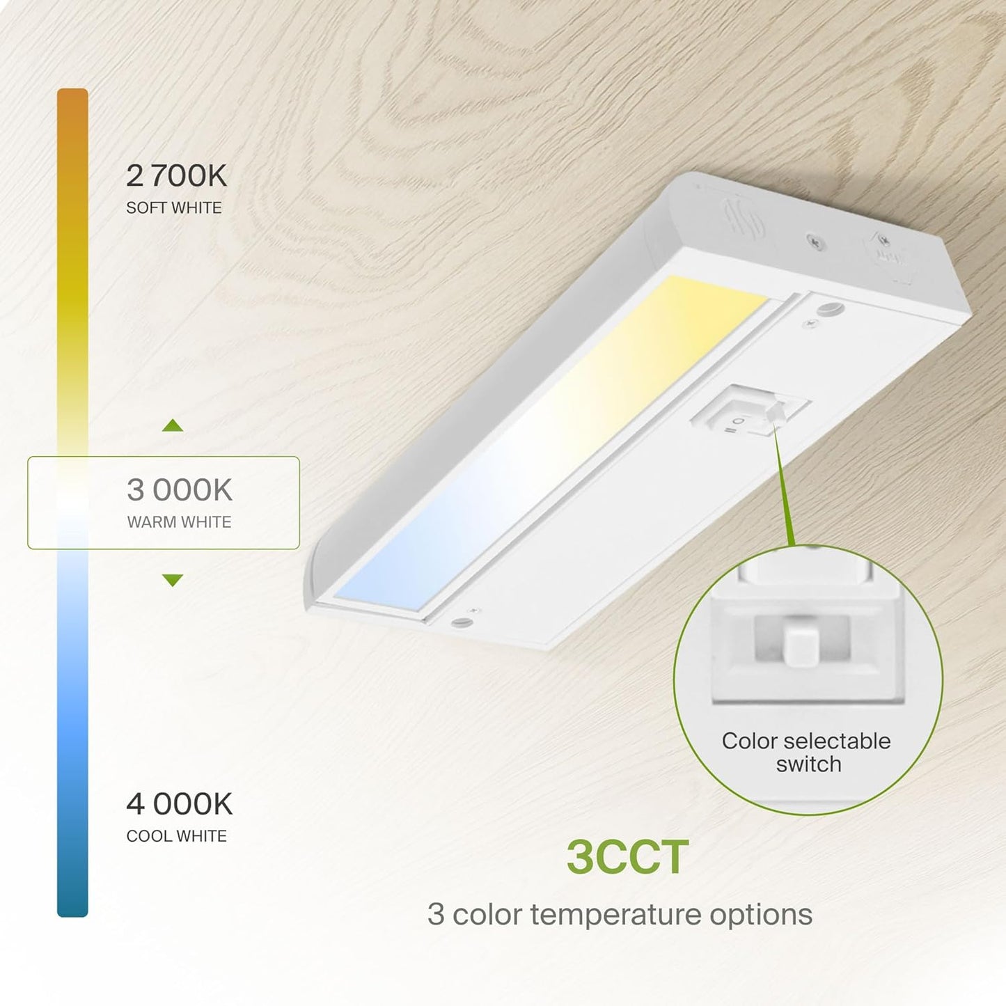 ASD Lighting LED Under Cabinet Swivel 9" 3W 120V Dimmable CCT Selectable 2700/3000/4000K Hardwired or Plug-in, Linkable, Hi/Low Switch, White ETL Energy Star
