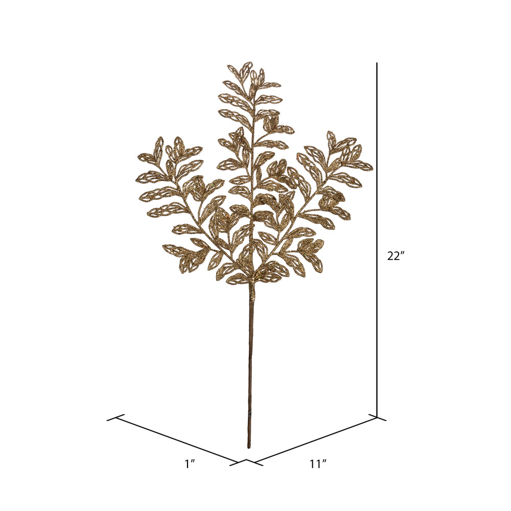 Vickerman 22" Gold Bipinnate Glitter Leaf Artificial Christmas Spray. Includes 12 sprays per pack.