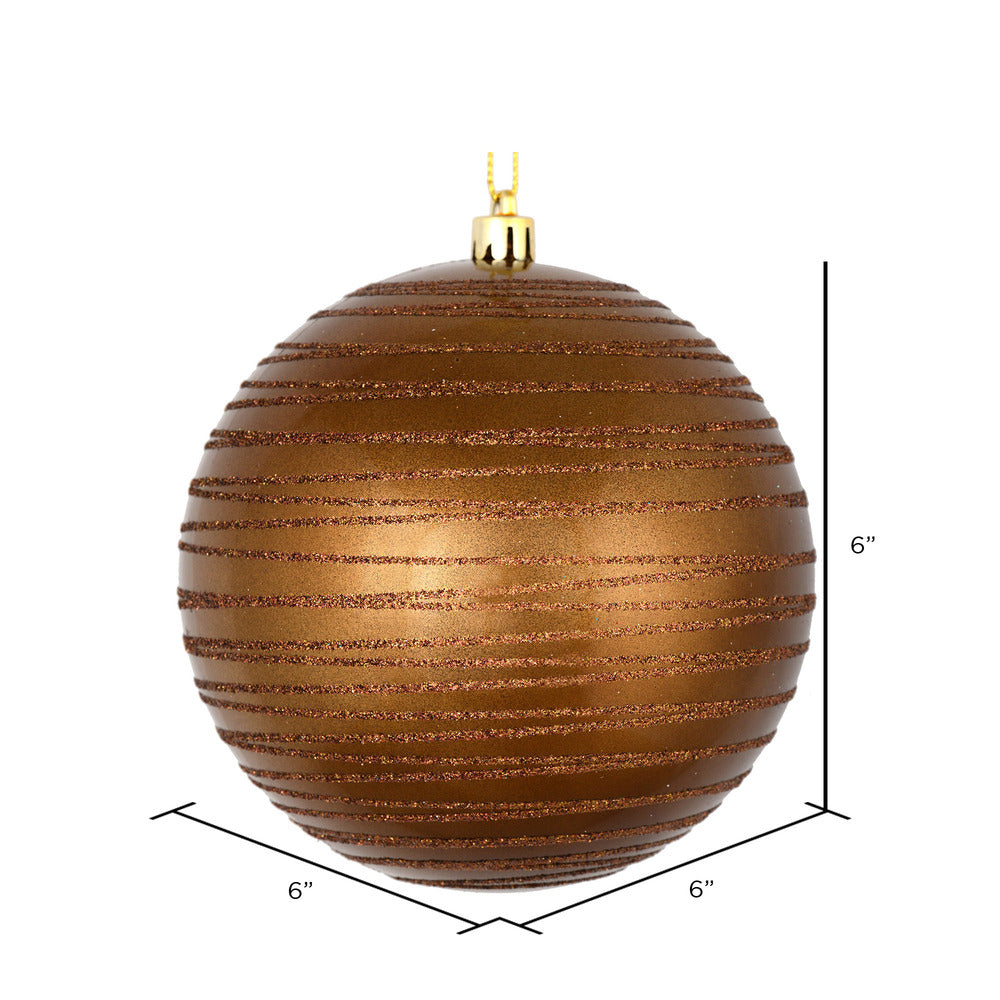 Vickerman 6" Mocha Candy Finish Ball Ornament with Glitter Lines 3 per Bag