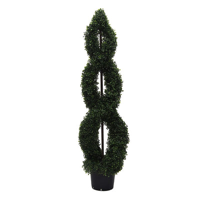Vickerman 5' Artificial Green Boxwood Double Spiral Topiary Black Plastic Pot.