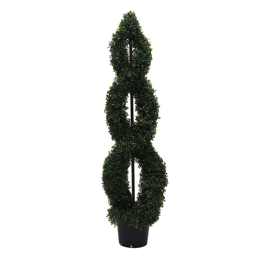 Vickerman 5' Artificial Green Boxwood Double Spiral Topiary Black Plastic Pot.