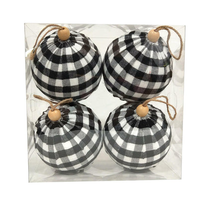 Vickerman 4" Black and White Plaid Cloth Ball Christmas Ornament 4 pieces per box