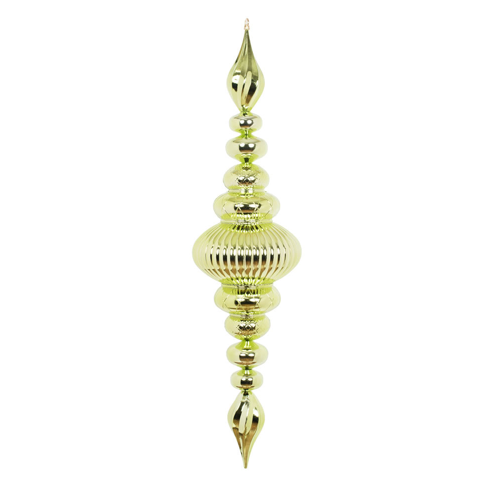 Vickerman 41" Celadon Shiny Finial. This large ornament is an eye catching addition to any holiday decorating project. It features a metal hook for hanging. Made with shatterproof plastic.