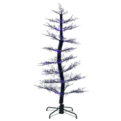 Vickerman 6' x 32" Black Cedar Pre-lit Halloween Tree with 160 Orange and Purple Lights. This tree measures 6 feet tall and 32 inches wide. It comes with a black metal folding stand. It is pre-lit with 160 multi function 2MM lights. The light functions ar