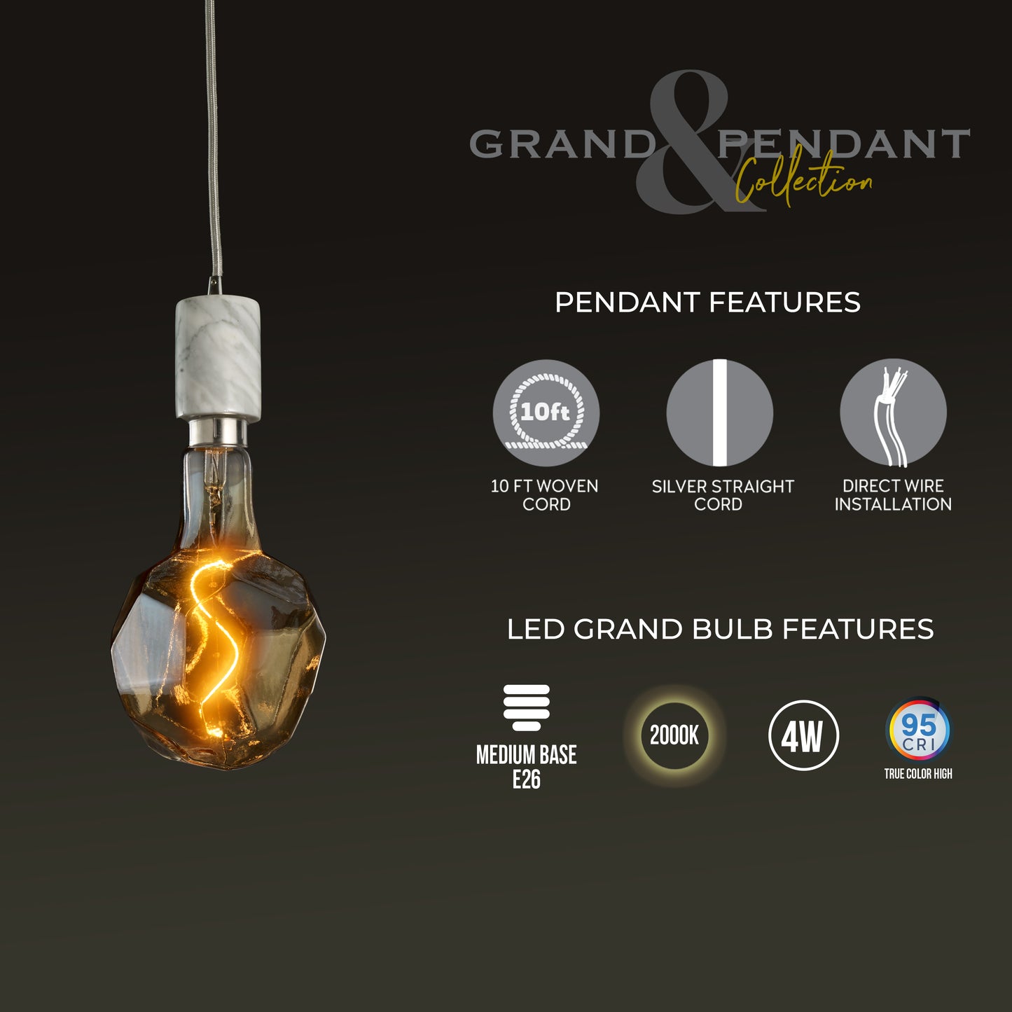 Bulbrite LED Grand Bulb and Pendant Kit of (1) 4 Watt Antique Glass 12" Jewel Shaped Bulb and (1) White Marble Open Socket Pendant on White Fabric Braided Cord - 2000K (Amber Light)