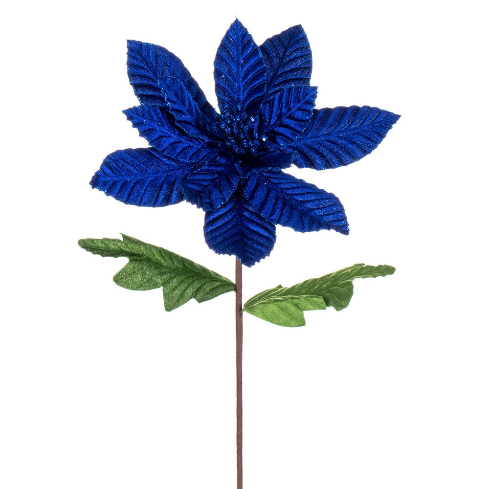 Vickerman 22" Blue Velvet Glitter Trim Poinsettia Stem 6 per bag.