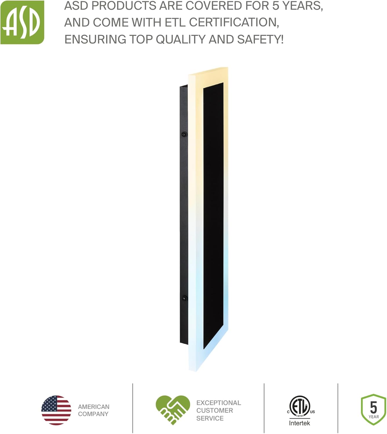 ASD Lighting LED Outdoor Wall Sconce wide acrylic 72" 40W 120-277V CCT Selectable 3000/4000/5000K Dimmable Black ETL