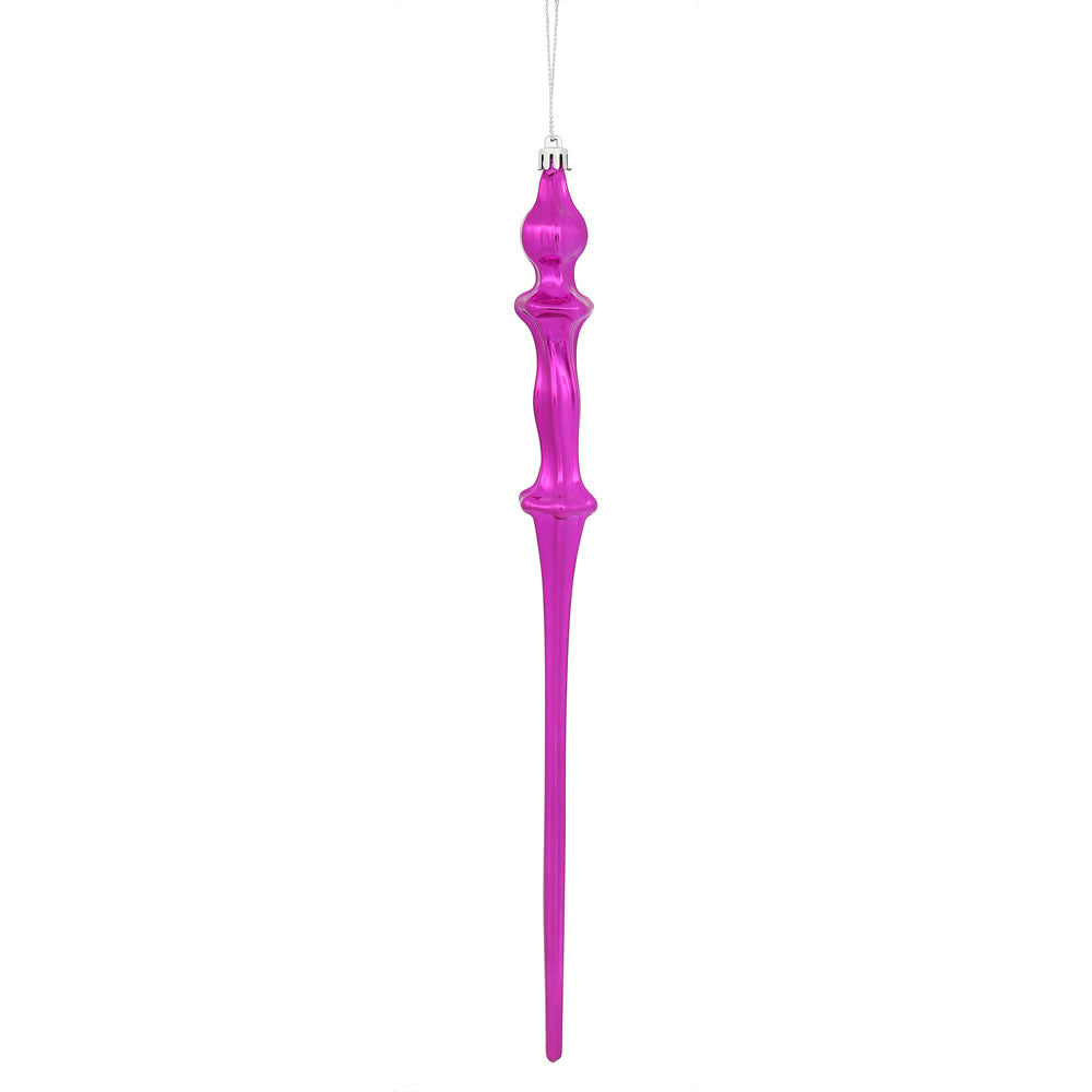 Vickerman 15.7" Fuchsia Shiny Icicle Ornament with drilled and wired caps. Comes 3 per Box.