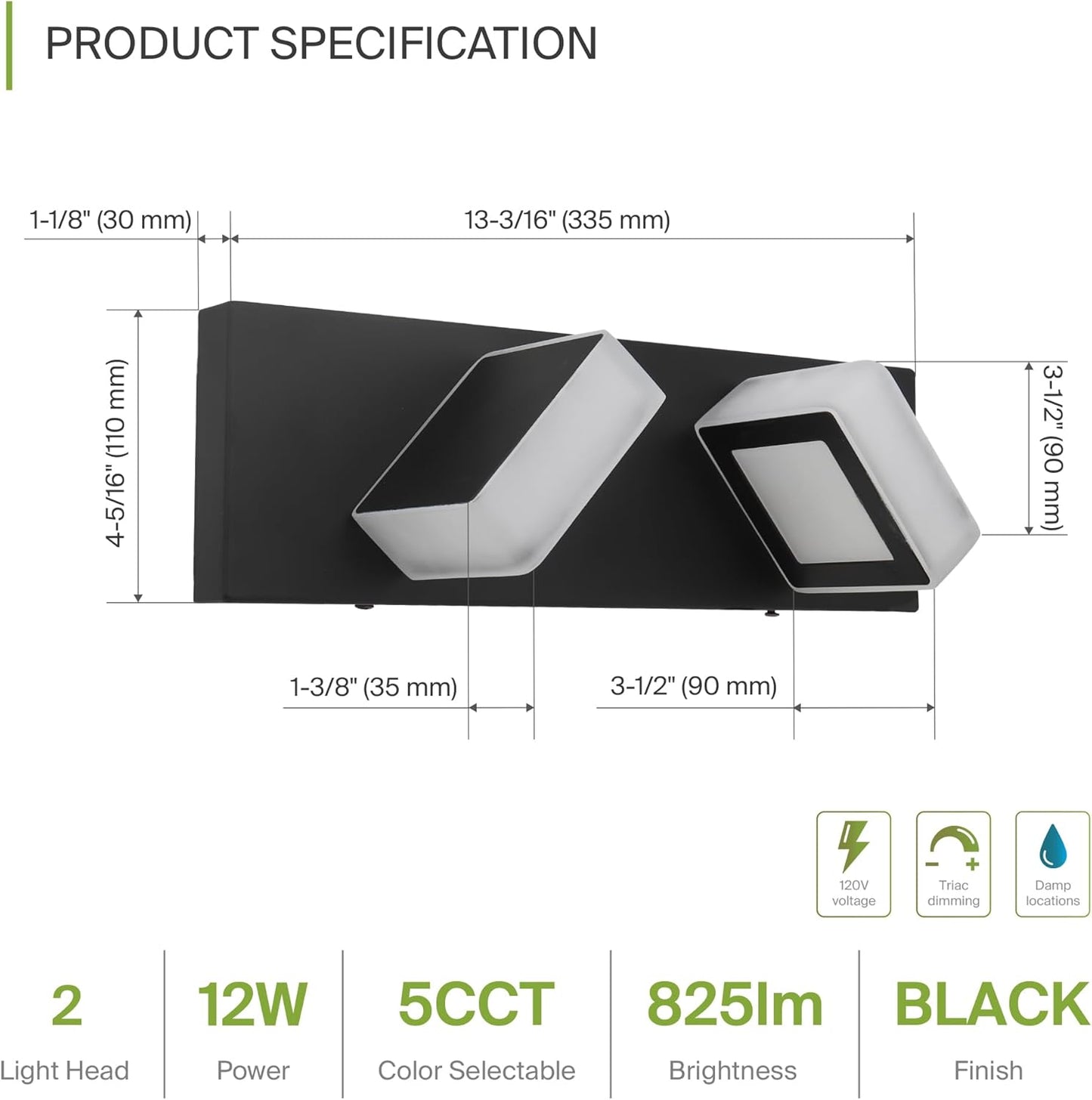 ASD Lighting LED Vanity 2-light 12W 120V with rotatable heads CCT Selectable 2700/3000/4000/5000/6000K Dimmable Black ETL