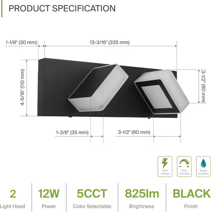 ASD Lighting LED Vanity 2-light 12W 120V with rotatable heads CCT Selectable 2700/3000/4000/5000/6000K Dimmable Black ETL