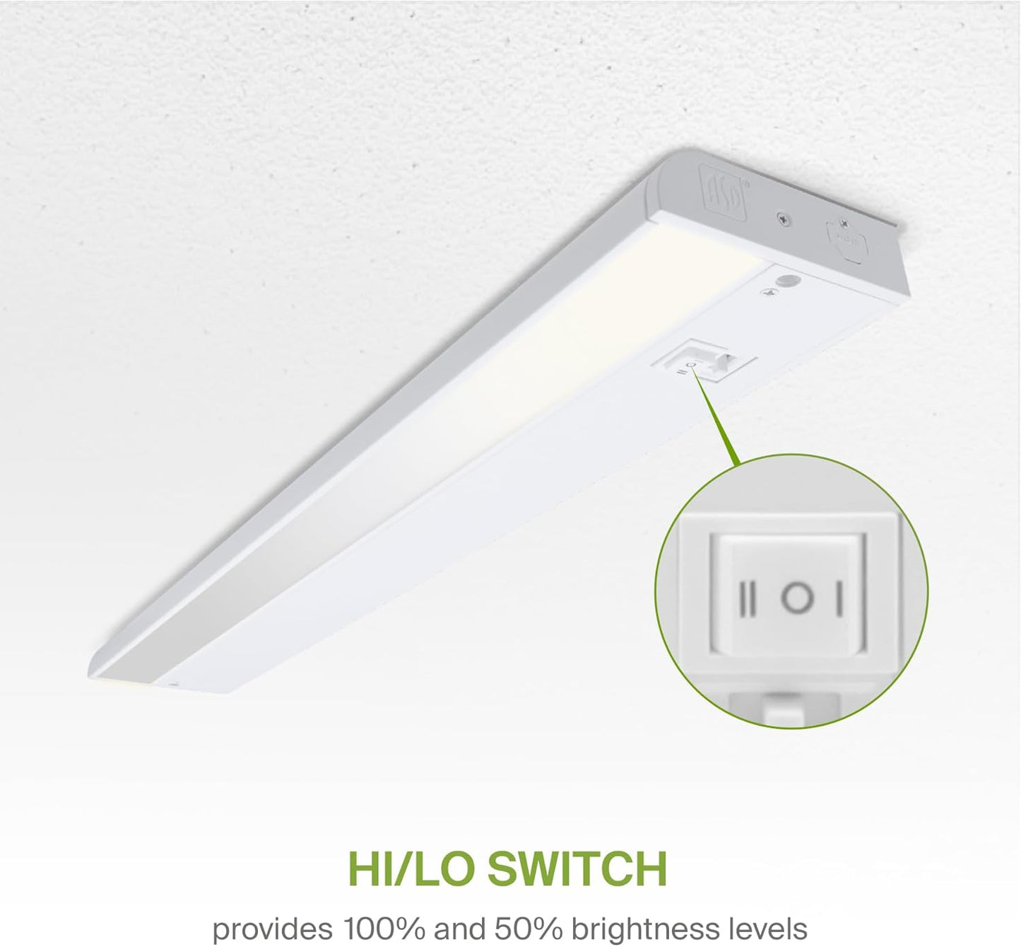 ASD Lighting LED Under Cabinet Linear 18" 8W 120V Dimmable CCT Selectable 2700/3000/4000K Hardwired or Plug-in, Linkable, Hi/Low Switch, White UL