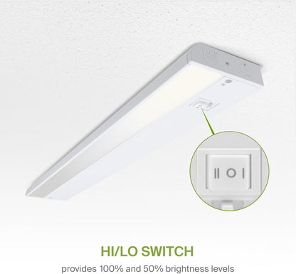 ASD Lighting LED Under Cabinet Linear 18" 8W 120V Dimmable CCT Selectable 2700/3000/4000K Hardwired or Plug-in, Linkable, Hi/Low Switch, White UL
