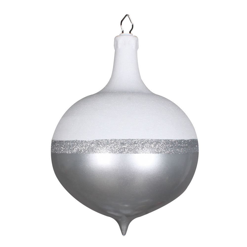 Vickerman 12" Silver Candy/White Glitter Drop Ornament. This ornament features a white glitter top a stripe of silver glitter and a candy finish bottom. Made of shatterproof plastic.