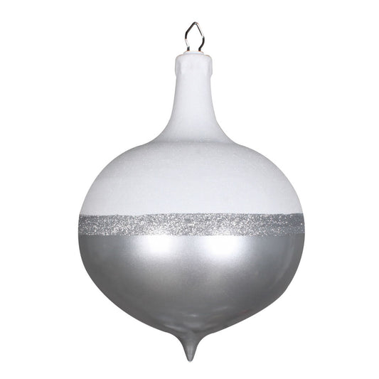 Vickerman 12" Silver Candy/White Glitter Drop Ornament. This ornament features a white glitter top a stripe of silver glitter and a candy finish bottom. Made of shatterproof plastic.