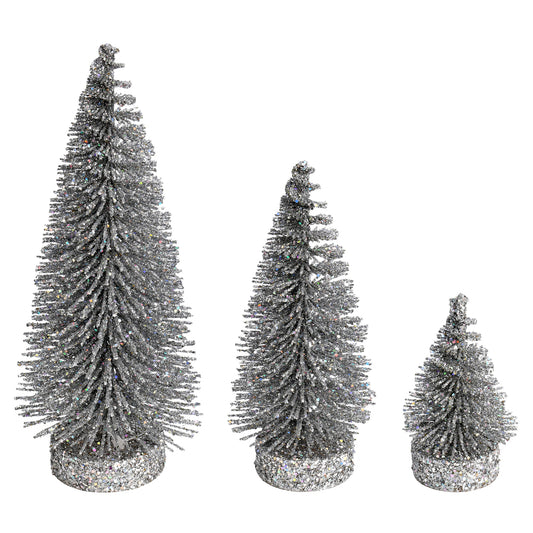 Vickerman 3"-5"-7" Silver Glitter Oval Pine Artificial Christmas Tree Set of 3