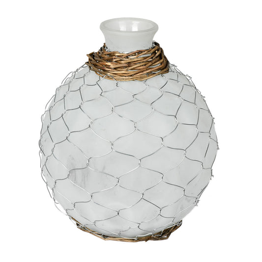 Vickerman 7.5" Frosted Glass Vase Chicken Wire Wicker. It features a frosted finish on the glass silver chicken wire and natural tone wicker accents on the top and bottom. It measures 7.5 inches tall by 5.75 inches wide.   80% GLASS 10% WILLOW10% IRON WIR