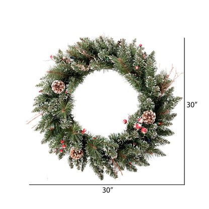 Vickerman 30" Snow Tipped Pine and Berry Artificial Christmas Wreath Multi-colored Dura-lit LED Mini Lights