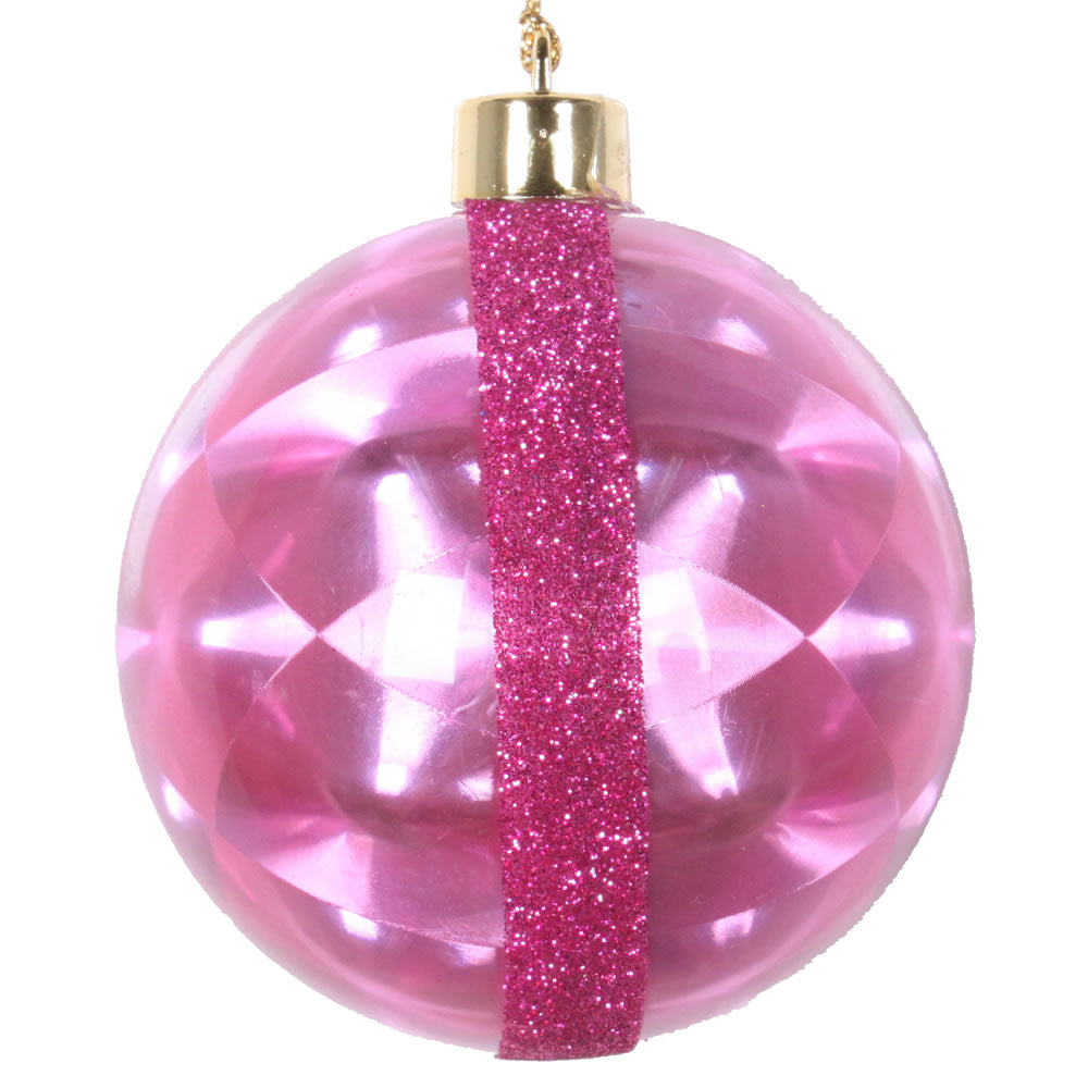 Vickerman 3" Cerise Glitter Reflector Ornament 6/Bag. These ornaments feature a reflective effect with a glitter stripe accent. They are the perfect addition to any holiday decorating project. Includes 6 pieces per pack.