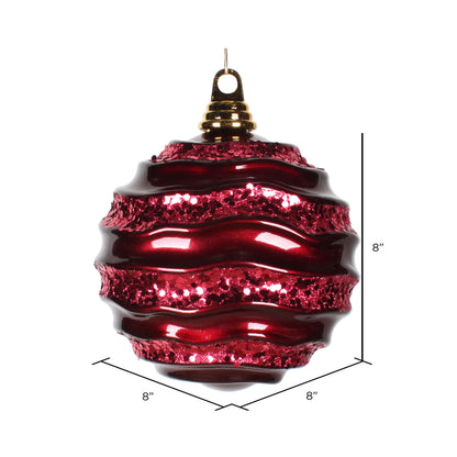 Vickerman 8" Burgundy Stripe Candy Finish Wave Ball Christmas Ornament with Glitter Accents