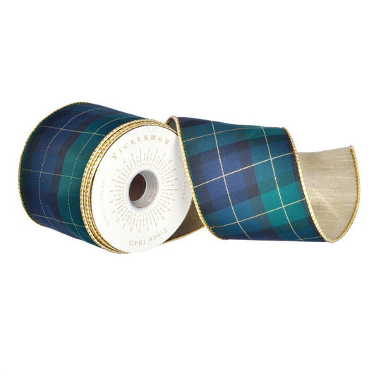 Vickerman 4 x 10 Yards Green Plaid Checks Double Fused Metallic Dupioni Ribbon.