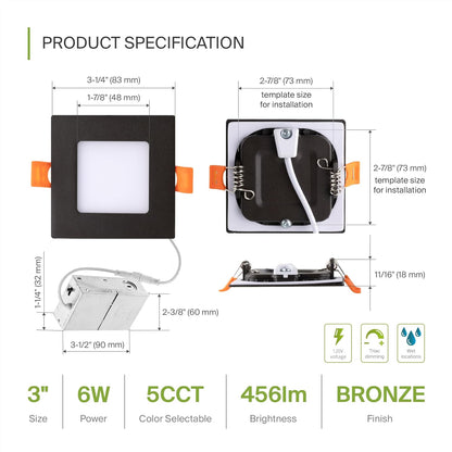 ASD Lighting LED Recessed Mini Panel Square 3inch 6W 120V Triac 2700/3000/3500/4000/5000K Bronze UL Energy Star 6 pack