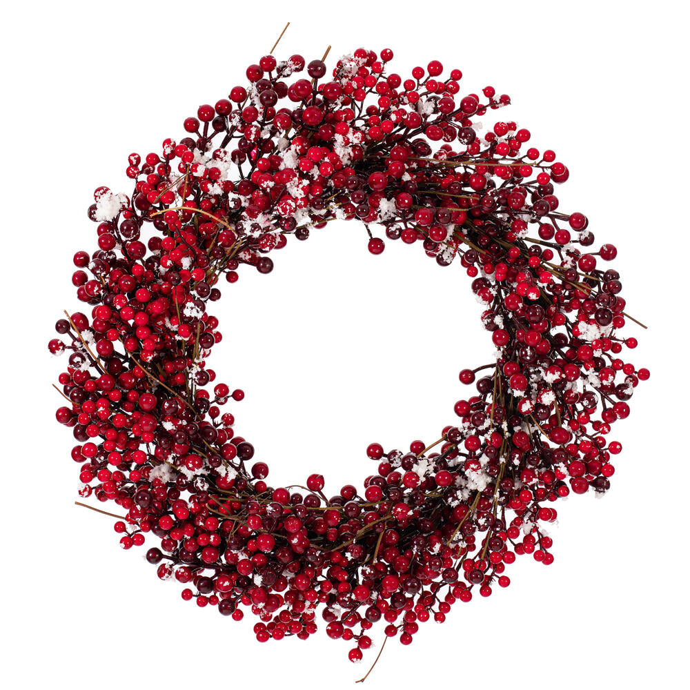 Vickerman 28" Red Snow Berry Wreath. This berry wreath is dusted with artificial snow.