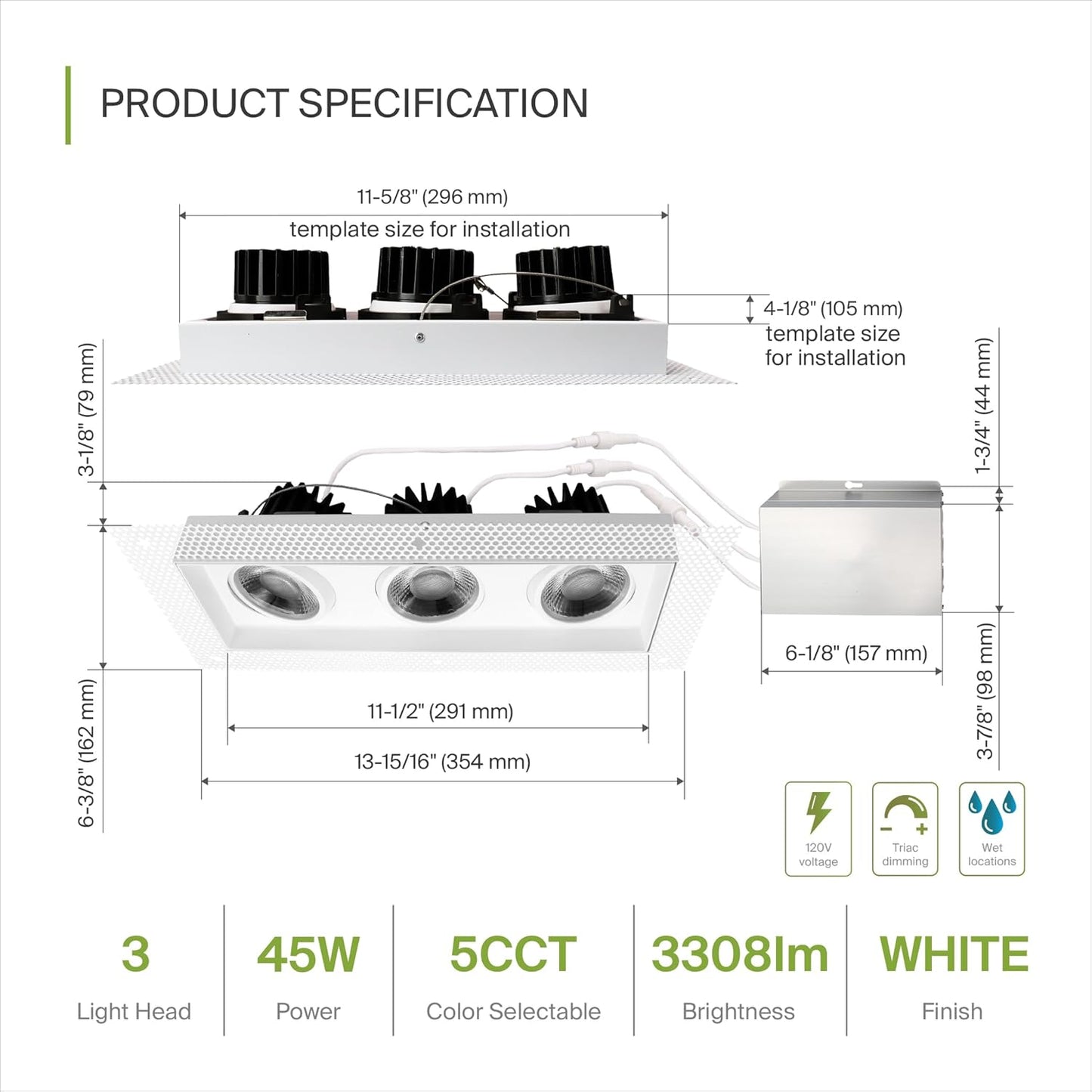 ASD Lighting LED Trimless Combo Downlight 3 heads 3.5inch 45W 120V Triac 2700/3000/3500/4000/5000K White ETL