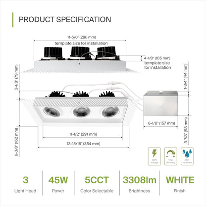 ASD Lighting LED Trimless Combo Downlight 3 heads 3.5inch 45W 120V Triac 2700/3000/3500/4000/5000K White ETL
